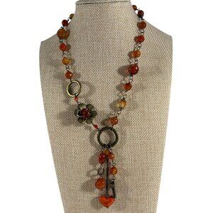 Boho Luma Orange Beaded Necklace Brass Flower Heart Key Dangle Charms